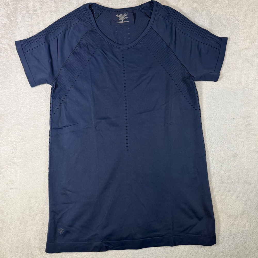 Athleta Momentum Tee Navy Blue Seamless Mesh Athletic Training Shirt  Small